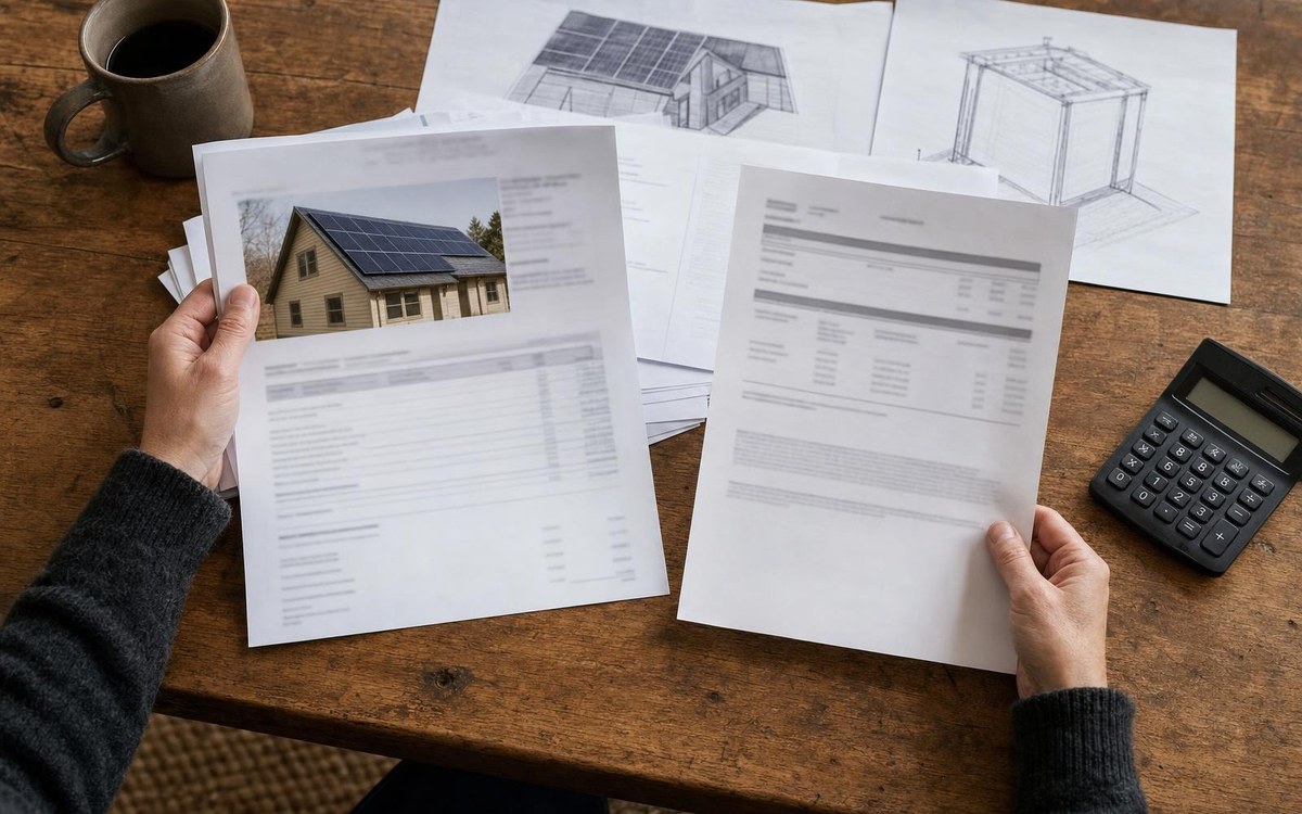 Reviewing a Vermont solar expansion Homeowner comparing generic solar equipment plans and approval paperwork at a wooden table.