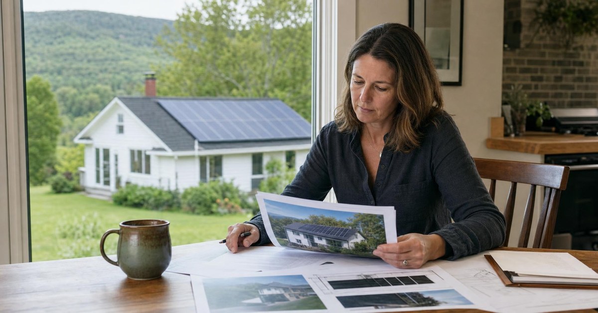 Vermont homeowner reviewing a solar expansion proposal with a clapboard home and rooftop panels outside.